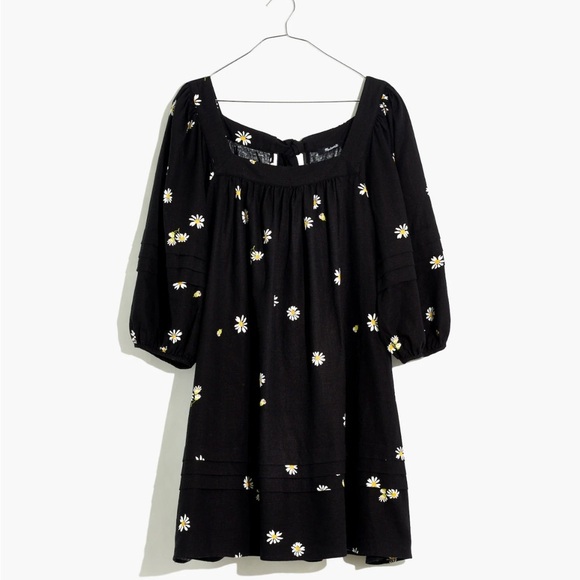 NWOT Madewell Square-Neck Pleat-Detail Black Mini Dress in Lazy Daisies XXS - Picture 4 of 11